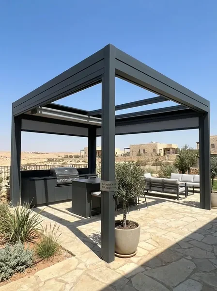 פרגולת אלומיניום מודרנית בחצר בית